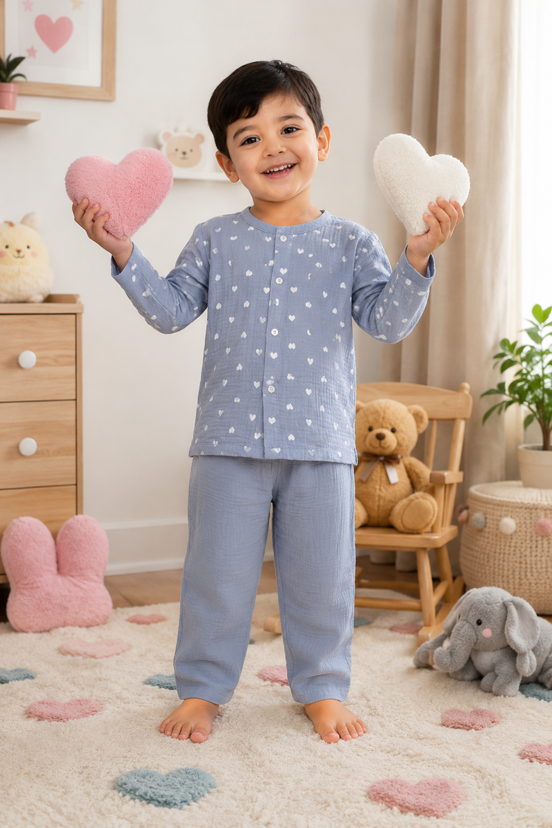 Grey Hearts| Premium Crinkled Double Layered Soft Unisex Muslin Set for New Born to 6 Years