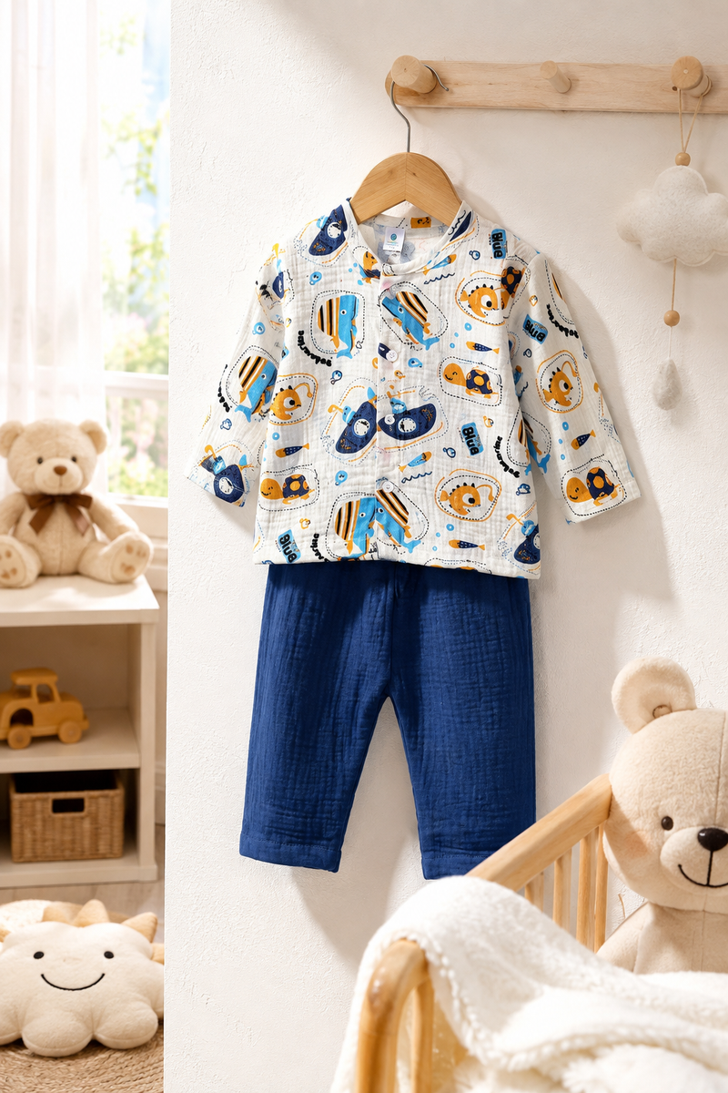 Blue Fish| Premium Crinkled Double Layered Soft Unisex Muslin Set for New Born to 6 Years