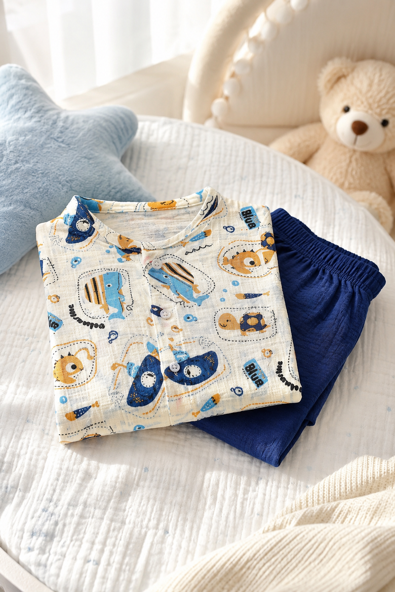 Blue Fish| Premium Crinkled Double Layered Soft Unisex Muslin Set for New Born to 6 Years