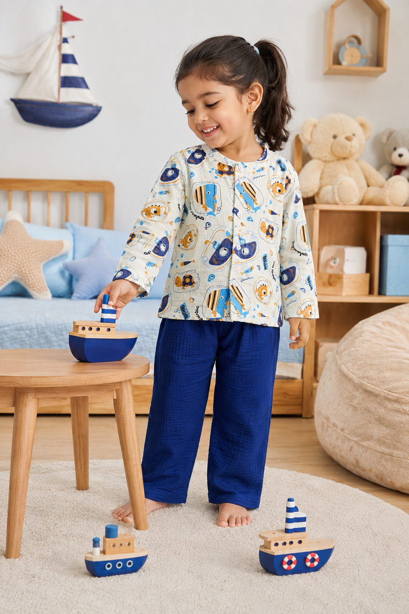 Blue Fish| Premium Crinkled Double Layered Soft Unisex Muslin Set for New Born to 6 Years