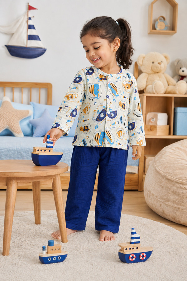 Blue Fish| Premium Crinkled Double Layered Soft Unisex Muslin Set for New Born to 6 Years