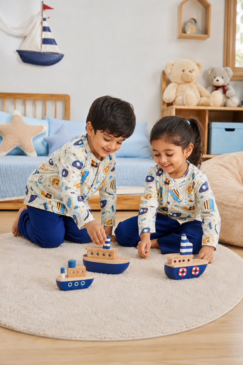 Blue Fish| Premium Crinkled Double Layered Soft Unisex Muslin Set for New Born to 6 Years