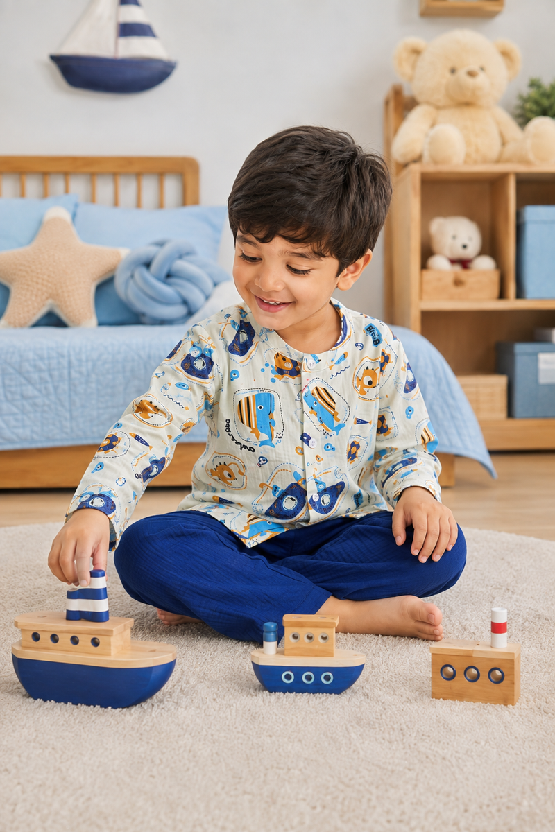 Blue Fish| Premium Crinkled Double Layered Soft Unisex Muslin Set for New Born to 6 Years