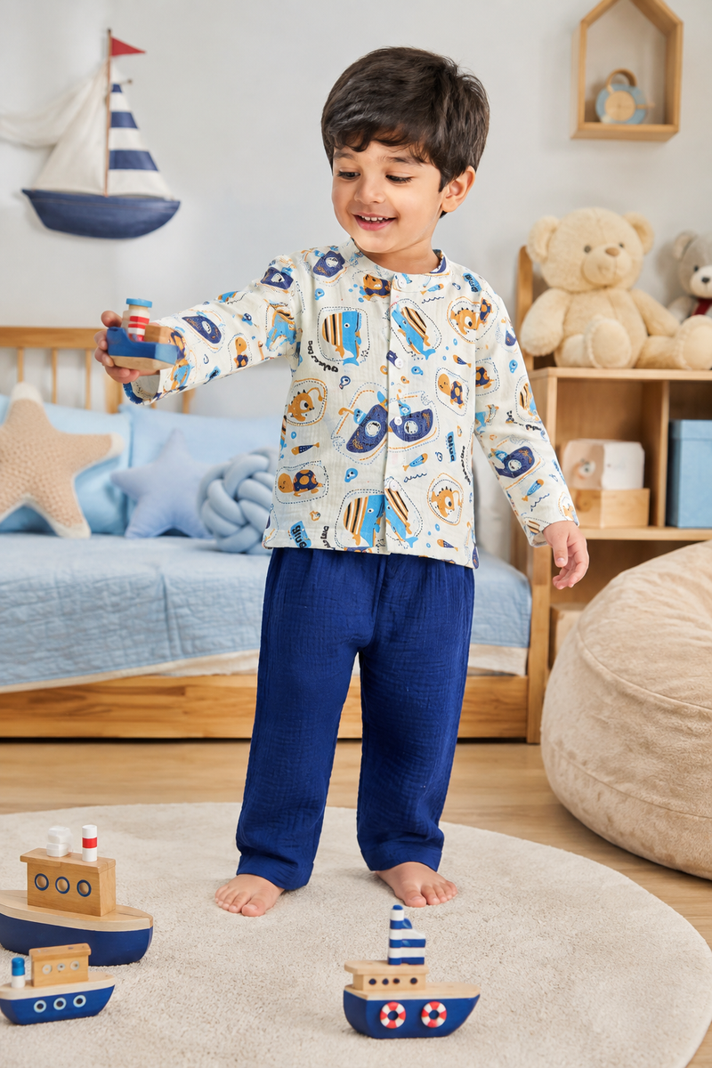 Blue Fish| Premium Crinkled Double Layered Soft Unisex Muslin Set for New Born to 6 Years