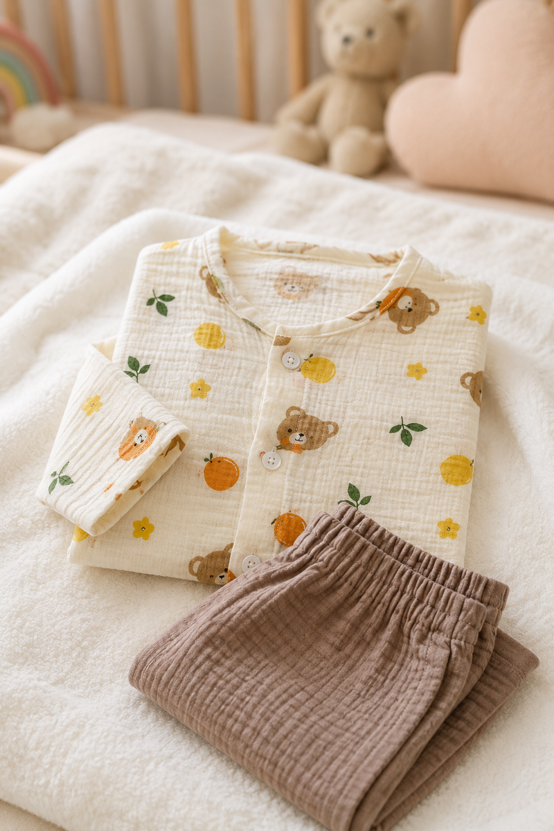 Bear Orange| Premium Crinkled Double Layered Soft Unisex Muslin Set for New Born to 6 Years