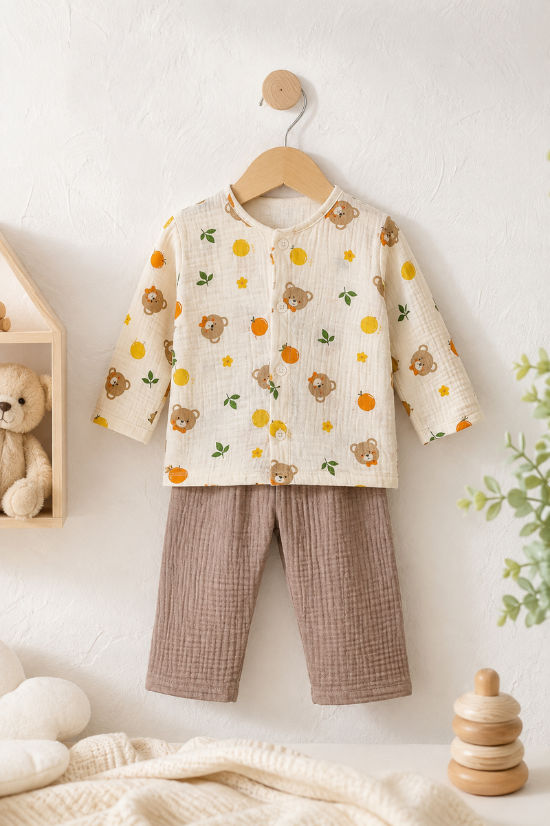 Bear Orange| Premium Crinkled Double Layered Soft Unisex Muslin Set for New Born to 6 Years