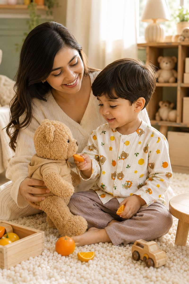 Bear Orange| Premium Crinkled Double Layered Soft Unisex Muslin Set for New Born to 6 Years