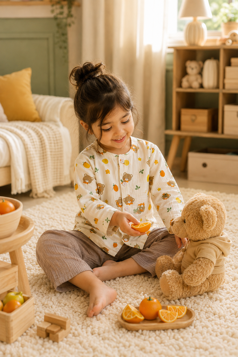 Bear Orange| Premium Crinkled Double Layered Soft Unisex Muslin Set for New Born to 6 Years