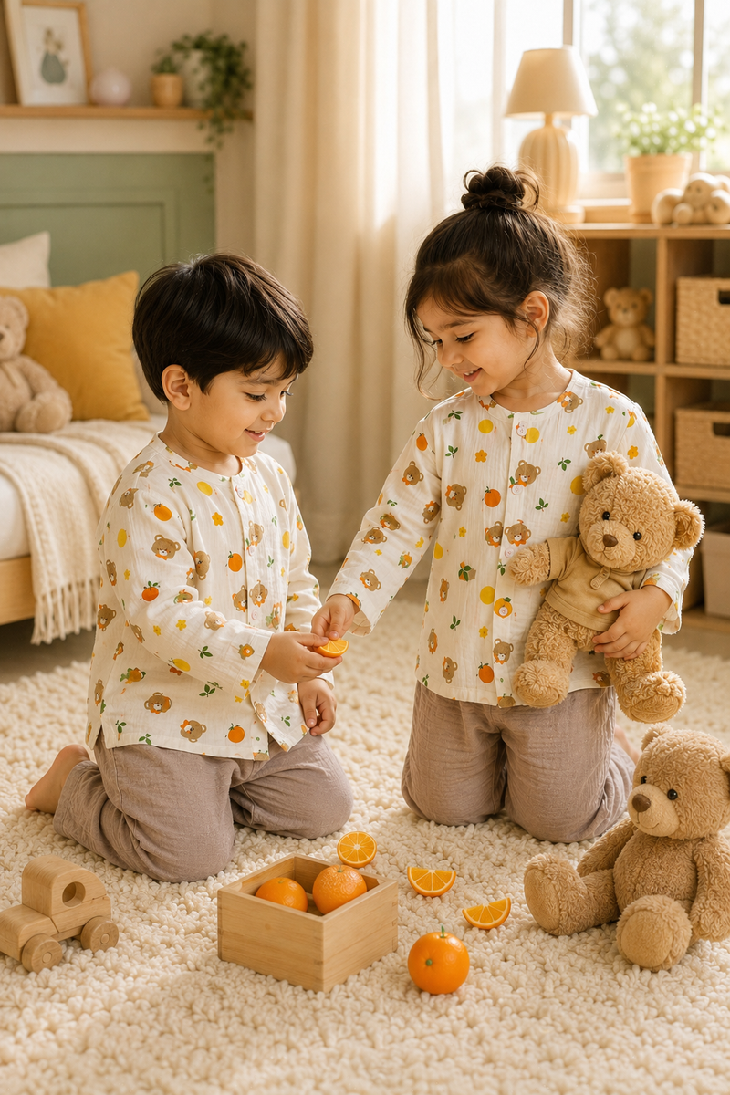 Bear Orange| Premium Crinkled Double Layered Soft Unisex Muslin Set for New Born to 6 Years