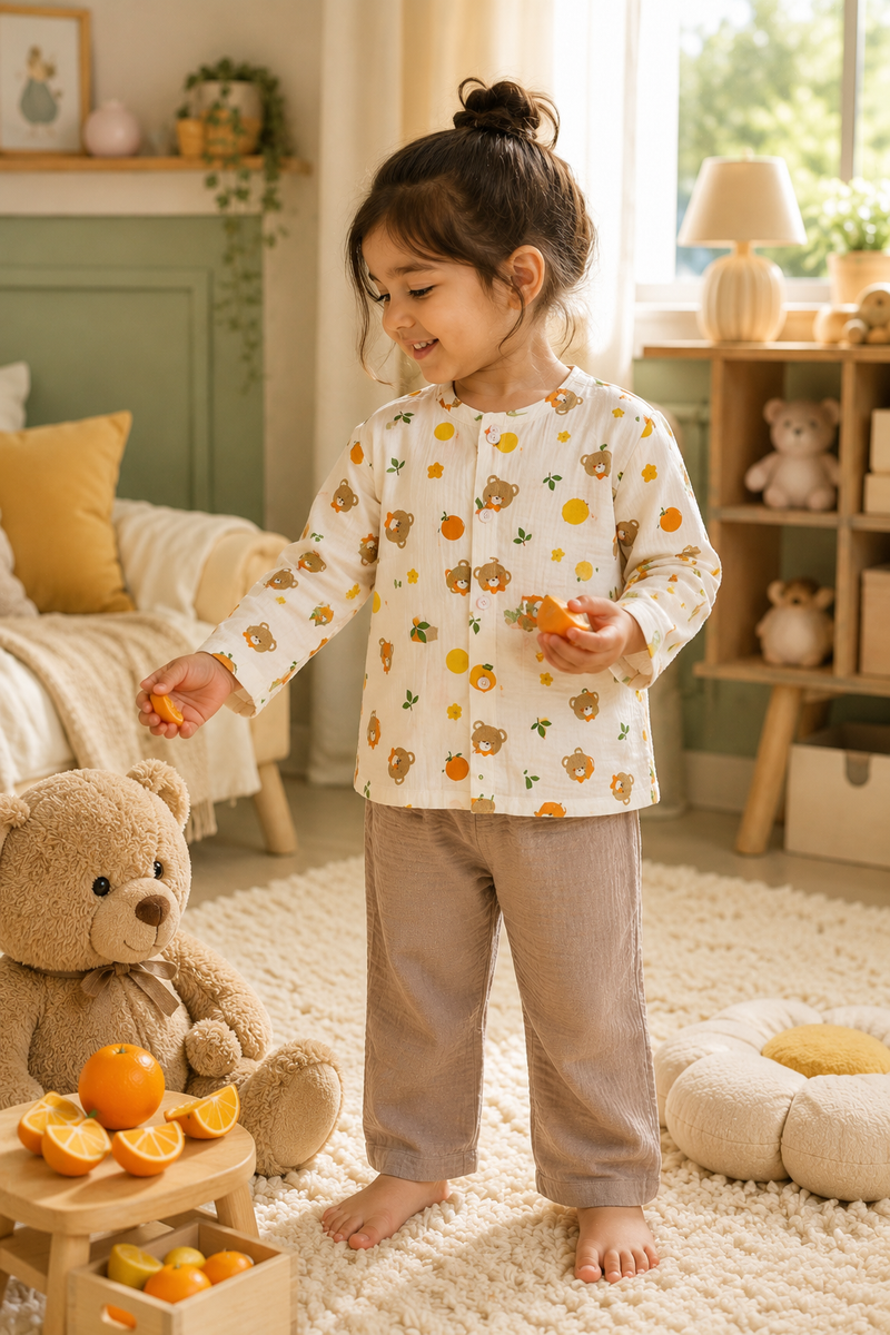 Bear Orange| Premium Crinkled Double Layered Soft Unisex Muslin Set for New Born to 6 Years