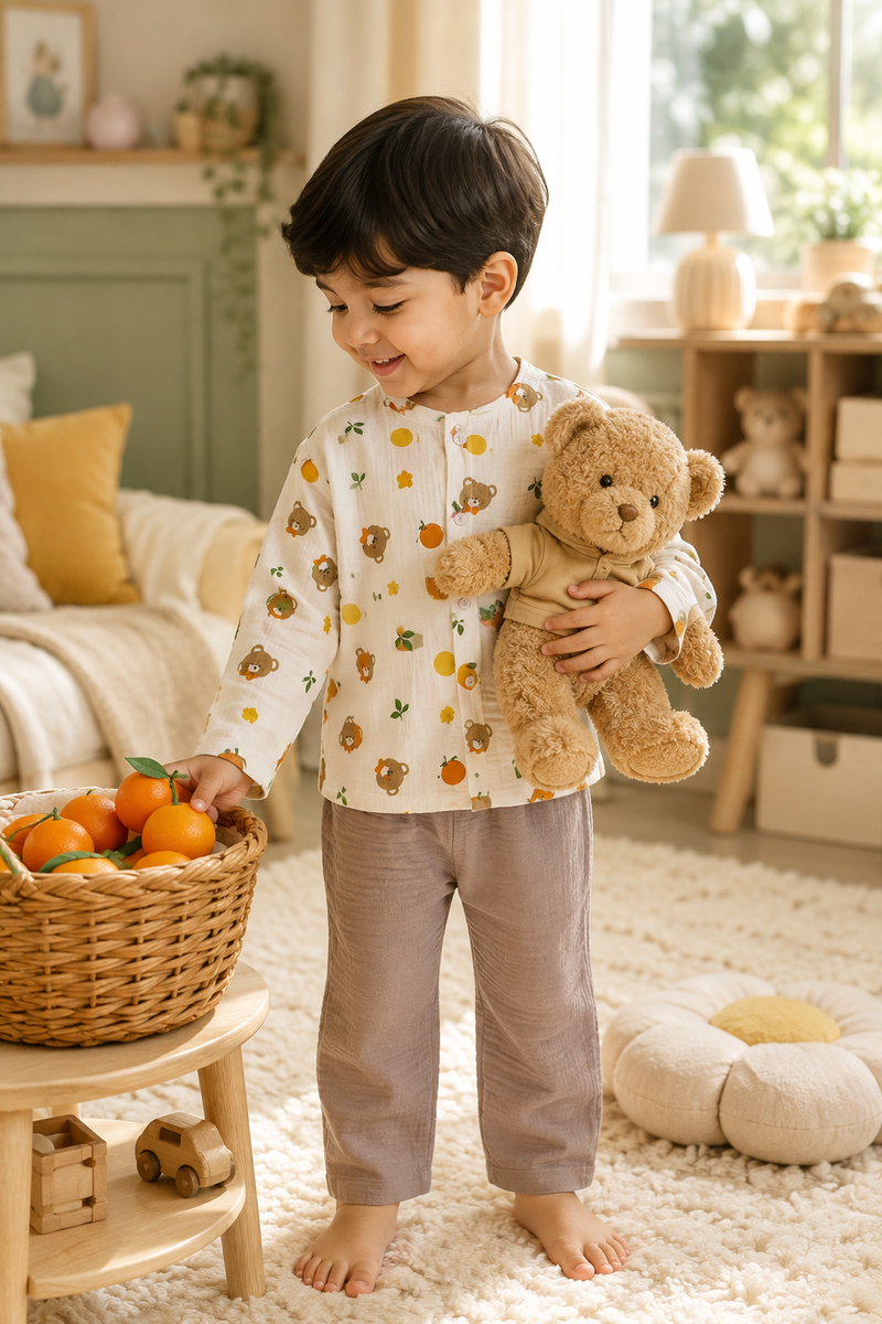 Bear Orange| Premium Crinkled Double Layered Soft Unisex Muslin Set for New Born to 6 Years