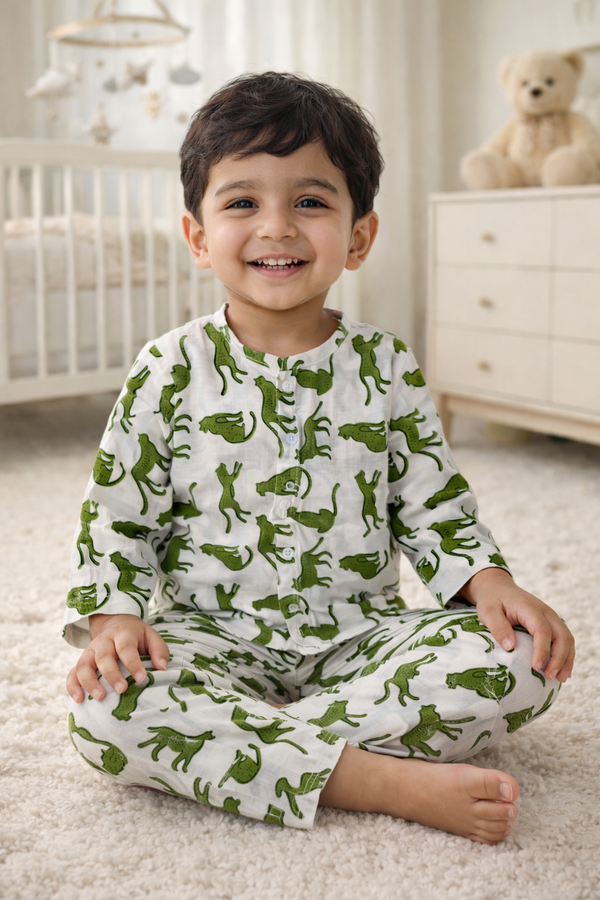 Green Leopard - Kradyl Kroft 100% Cotton Lightweight Night Suit Set for New Born to 6 Years