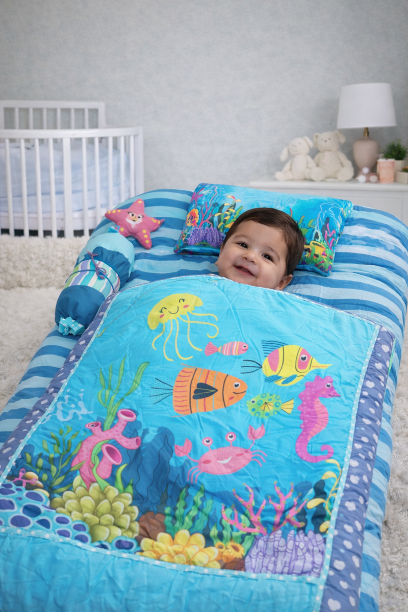 Kradyl Kroft 6 Pc Bedding Set for Infants | Baby Bedding Set | Baby Mattress with Quilt | Side Pillows | Head Pillow (Friends of The Ocean)
