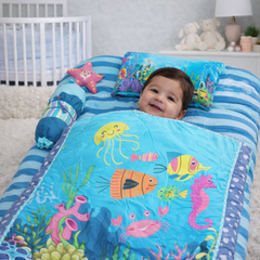 Kradyl Kroft 6 Pc Bedding Set for Infants | Baby Bedding Set | Baby Mattress with Quilt | Side Pillows | Head Pillow (Friends of The Ocean)
