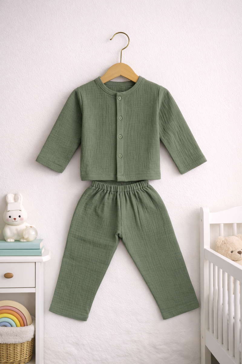 Solid Olive| Premium Crinkled Double Layered Soft Unisex Muslin Set for New Born to 6 Years
