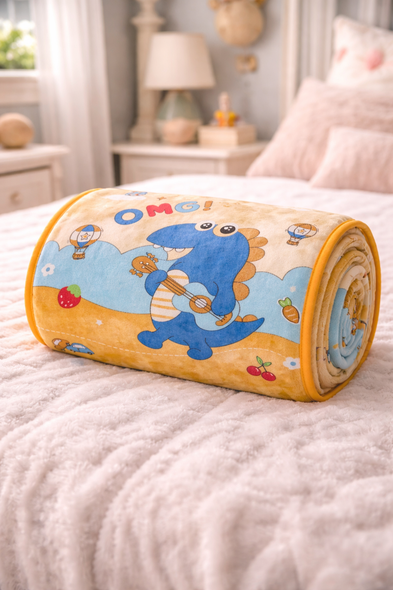 Lightweight Soft Plush Velvet Fleece 2 way Printed Blanket for 1 -7 Year Olds - OMG Dino
