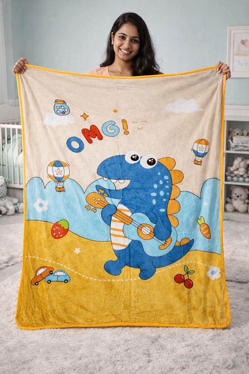 Lightweight Soft Plush Velvet Fleece 2 way Printed Blanket for 1 -7 Year Olds - OMG Dino