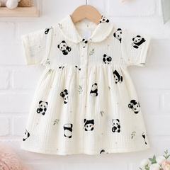 Panda Dress with Short Sleeves and Cute Collar | Premium Crinkled Double Layered Muslin Fabric
