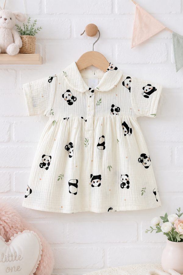 Panda Dress with Short Sleeves and Cute Collar | Premium Crinkled Double Layered Muslin Fabric