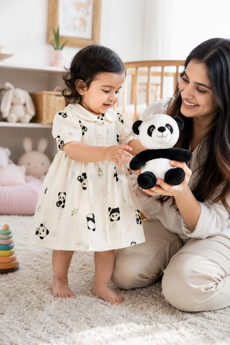 Panda Dress with Short Sleeves and Cute Collar | Premium Crinkled Double Layered Muslin Fabric