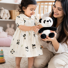 Panda Dress with Short Sleeves and Cute Collar | Premium Crinkled Double Layered Muslin Fabric