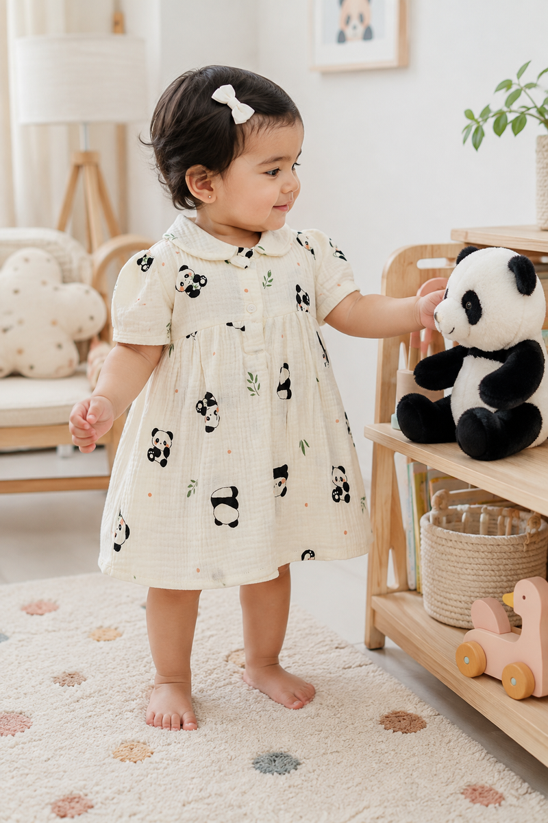 Panda Dress with Short Sleeves and Cute Collar | Premium Crinkled Double Layered Muslin Fabric
