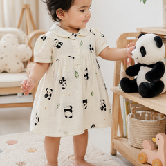 Panda Dress with Short Sleeves and Cute Collar | Premium Crinkled Double Layered Muslin Fabric