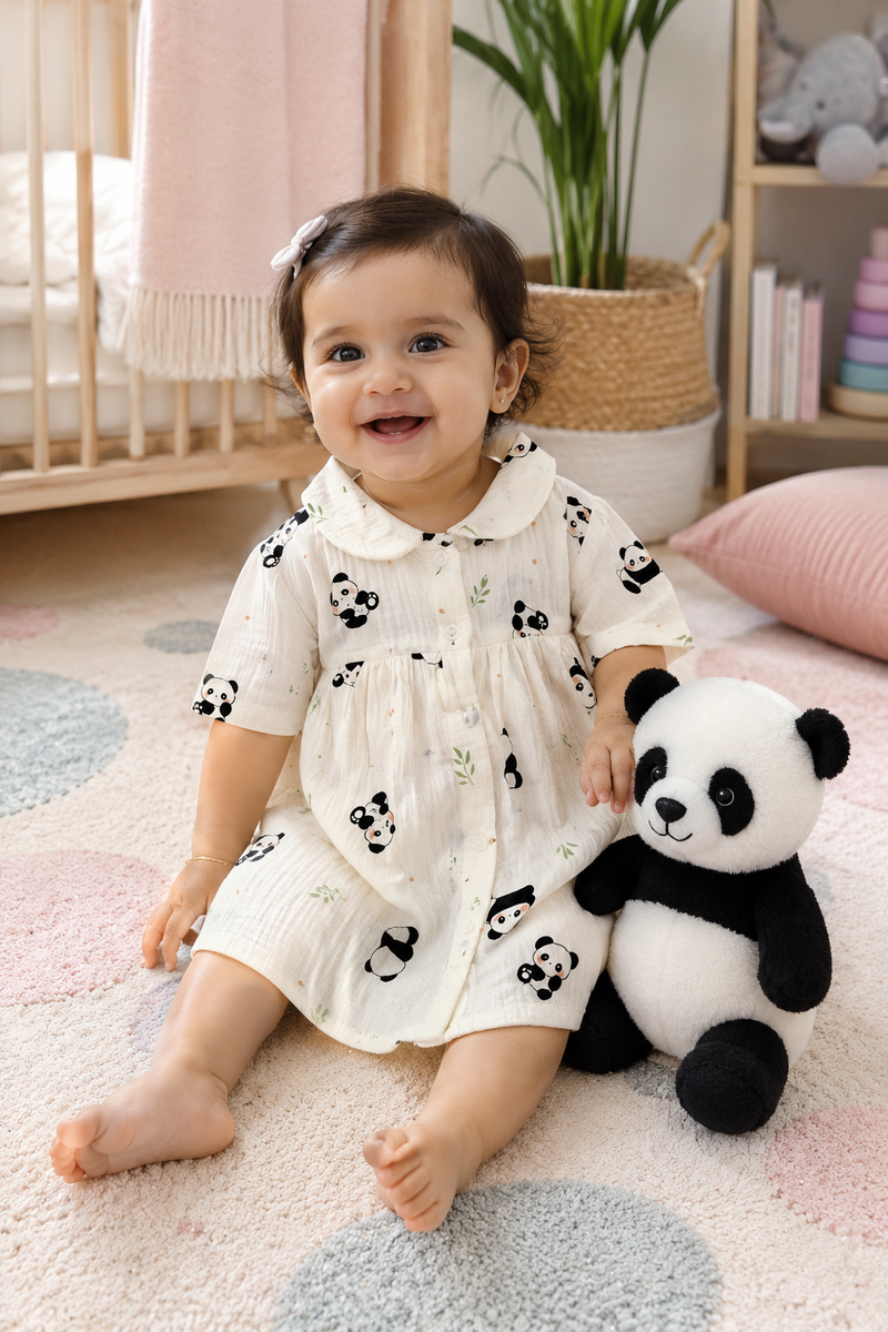 Panda Dress with Short Sleeves and Cute Collar | Premium Crinkled Double Layered Muslin Fabric