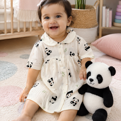 Panda Dress with Short Sleeves and Cute Collar | Premium Crinkled Double Layered Muslin Fabric