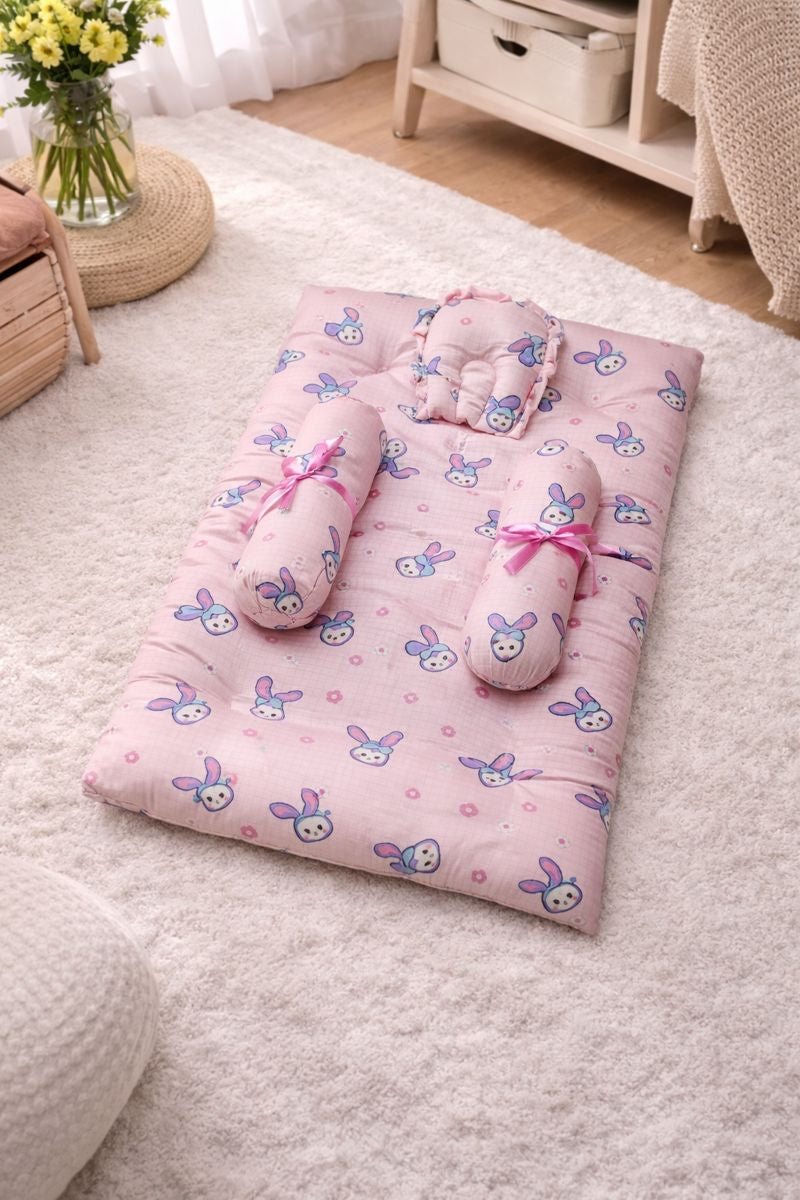 4 Pcs Muslin Bedding Set for 0 to 6 Months - Pink Bunny