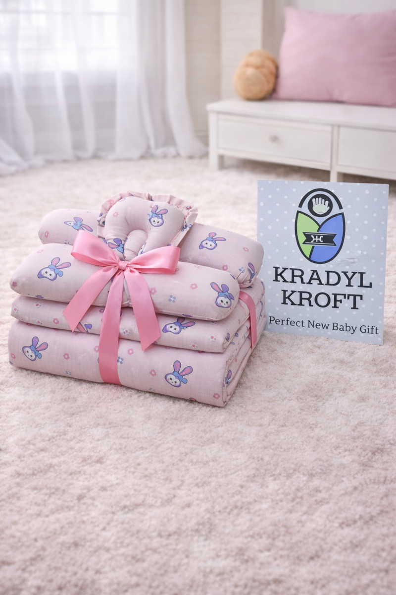 4 Pcs Muslin Bedding Set for 0 to 6 Months - Pink Bunny
