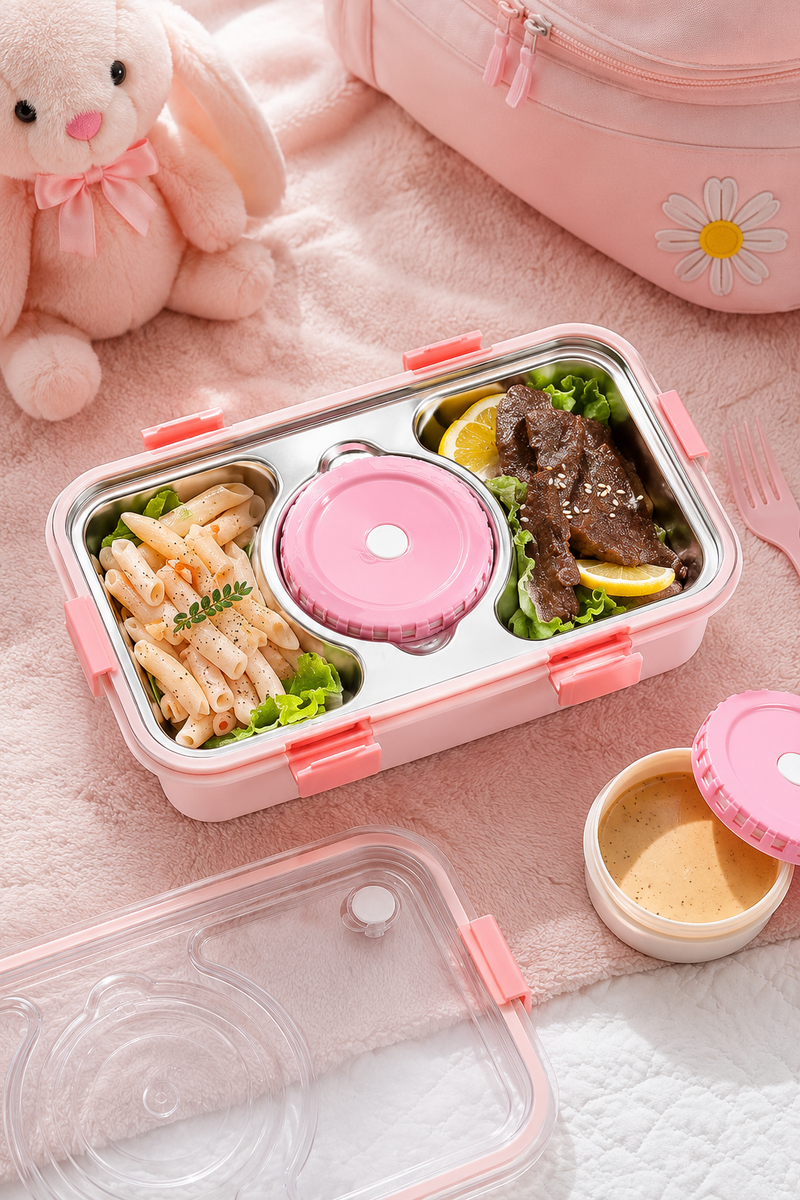 3 Compartment Stainless Steel Lunch Box for Kids, Spoon Chopsticks, Leakproof Tiffin Box, Insulated Bento Lunch Box for School, Boys, Girls & Travel