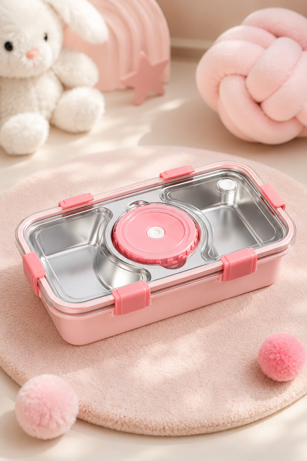 3 Compartment Stainless Steel Lunch Box for Kids, Spoon Chopsticks, Leakproof Tiffin Box, Insulated Bento Lunch Box for School, Boys, Girls & Travel