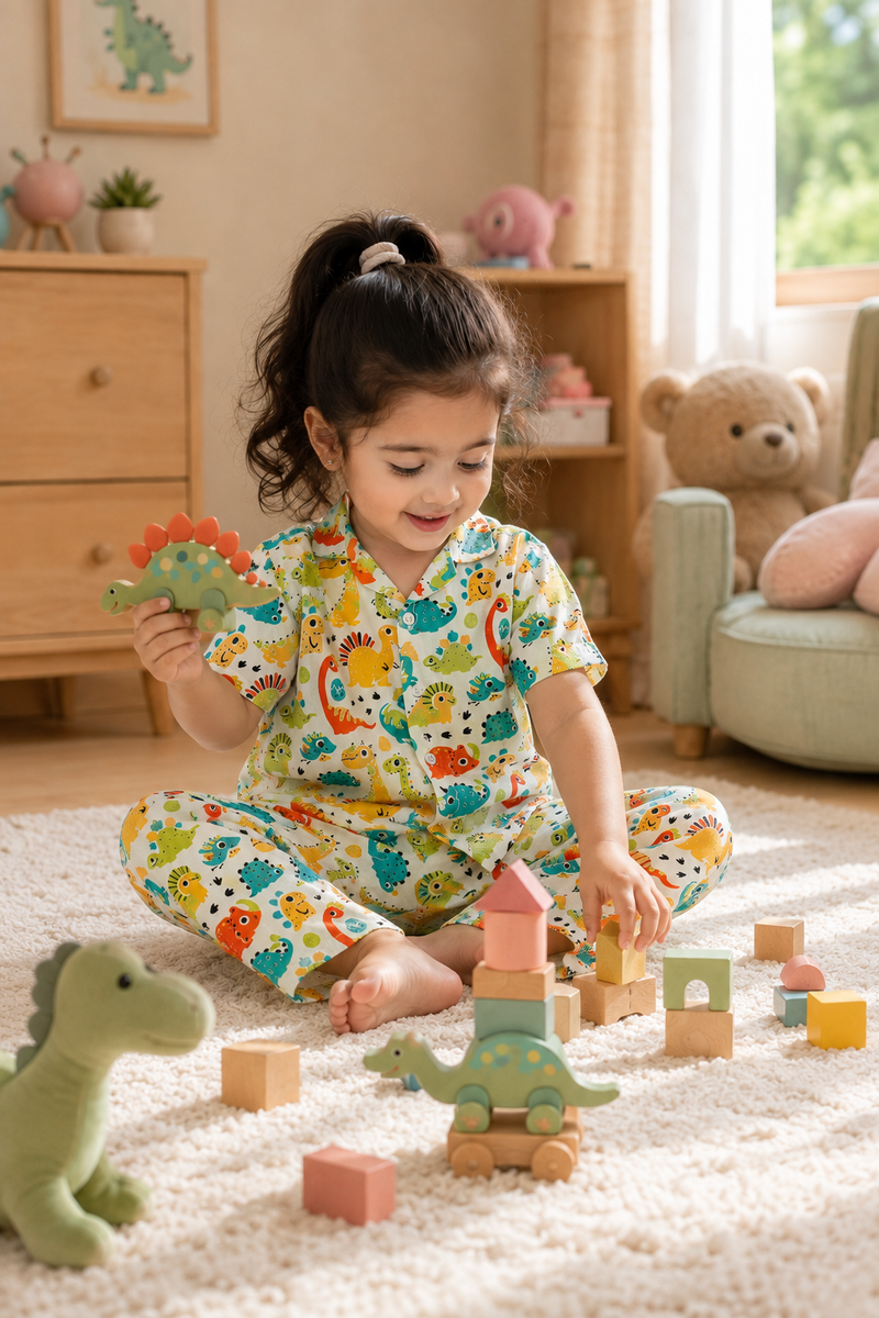 Cute Dinos - 100% Cotton Poplin | Unisex | Half Sleeve Cotton Sets for New Born to 6 Years