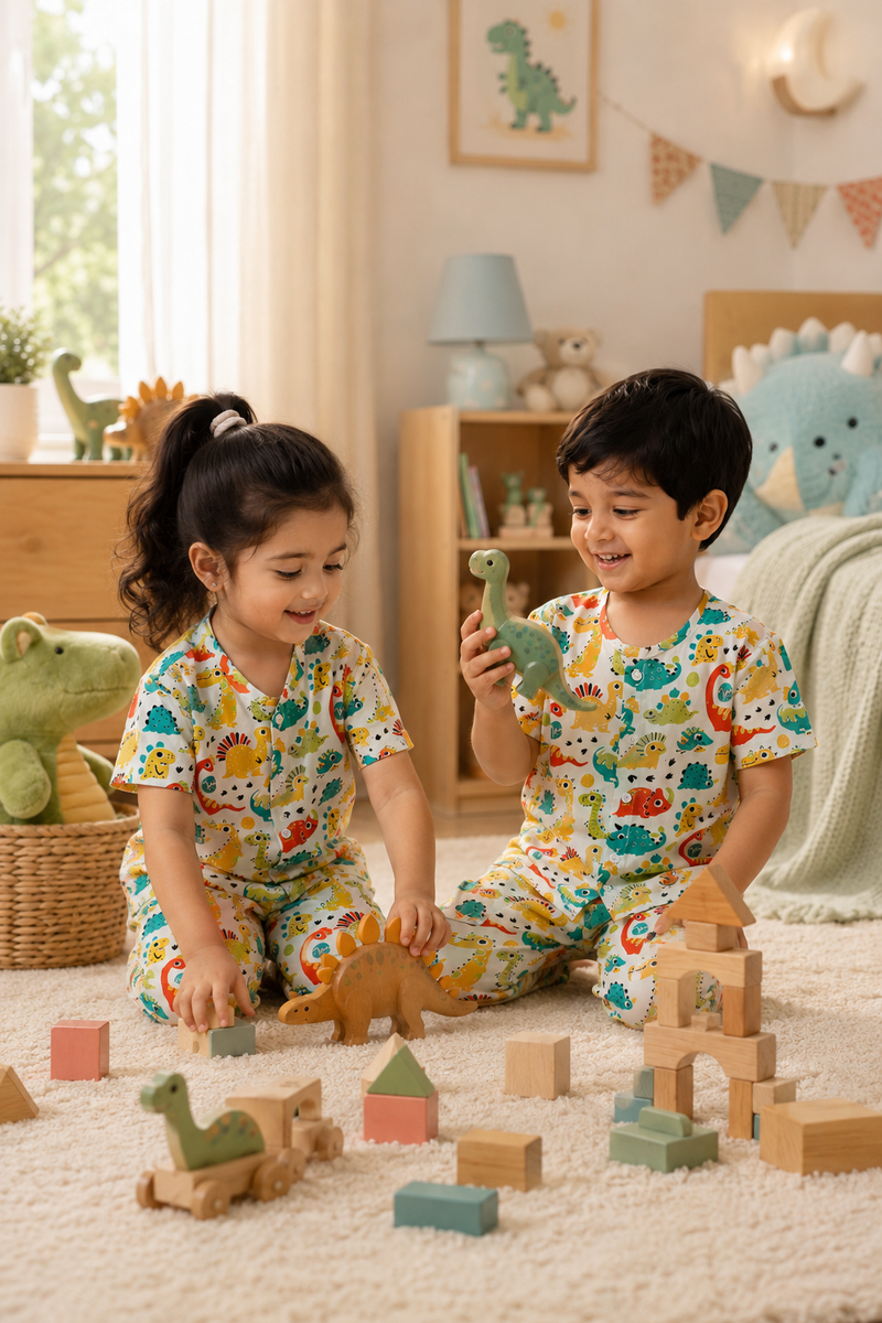 Cute Dinos - 100% Cotton Poplin | Unisex | Half Sleeve Cotton Sets for New Born to 6 Years