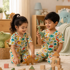 Cute Dinos - 100% Cotton Poplin | Unisex | Half Sleeve Cotton Sets for New Born to 6 Years