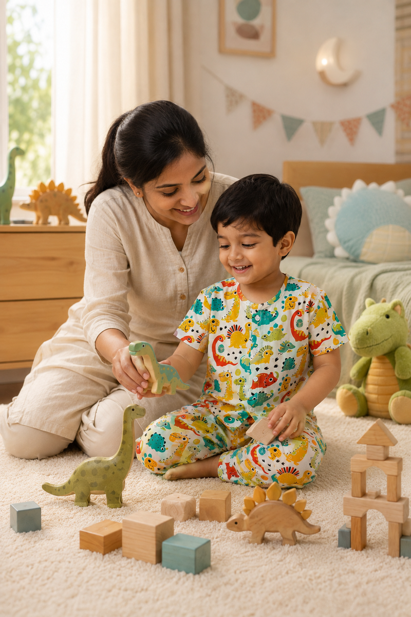 Cute Dinos - 100% Cotton Poplin | Unisex | Half Sleeve Cotton Sets for New Born to 6 Years