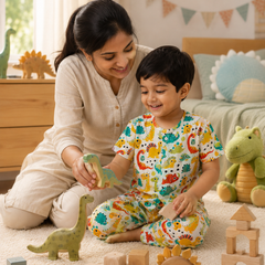 Cute Dinos - 100% Cotton Poplin | Unisex | Half Sleeve Cotton Sets for New Born to 6 Years
