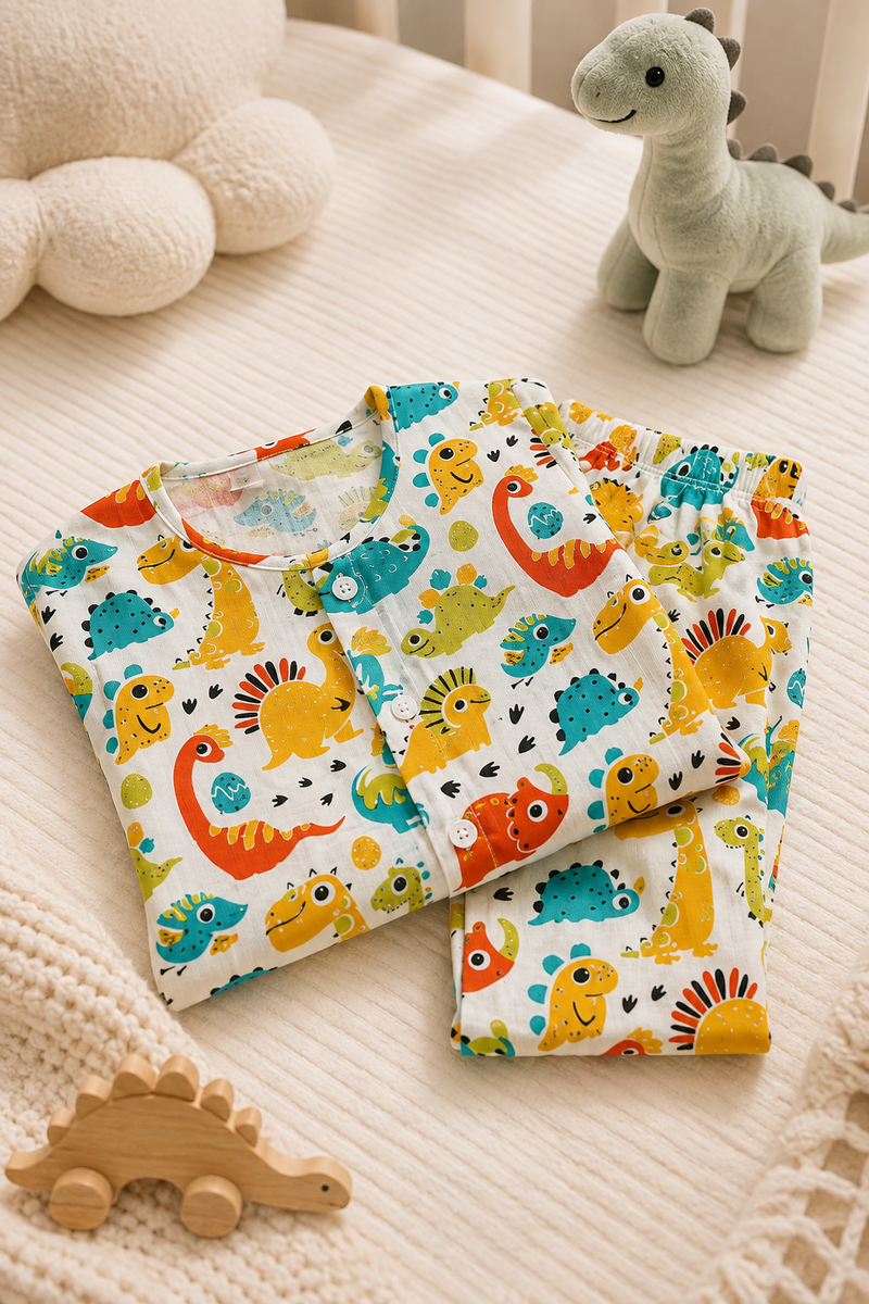 Cute Dinos - 100% Cotton Poplin | Unisex | Half Sleeve Cotton Sets for New Born to 6 Years