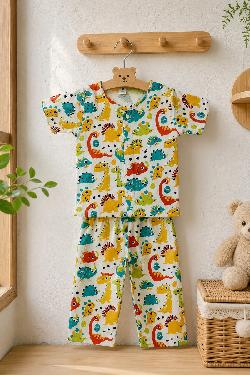 Cute Dinos - 100% Cotton Poplin | Unisex | Half Sleeve Cotton Sets for New Born to 6 Years