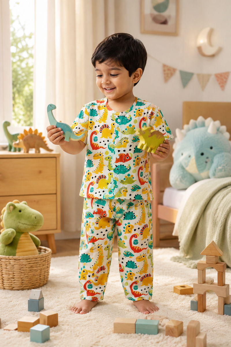 Cute Dinos - 100% Cotton Poplin | Unisex | Half Sleeve Cotton Sets for New Born to 6 Years