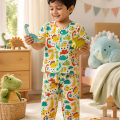 Cute Dinos - 100% Cotton Poplin | Unisex | Half Sleeve Cotton Sets for New Born to 6 Years