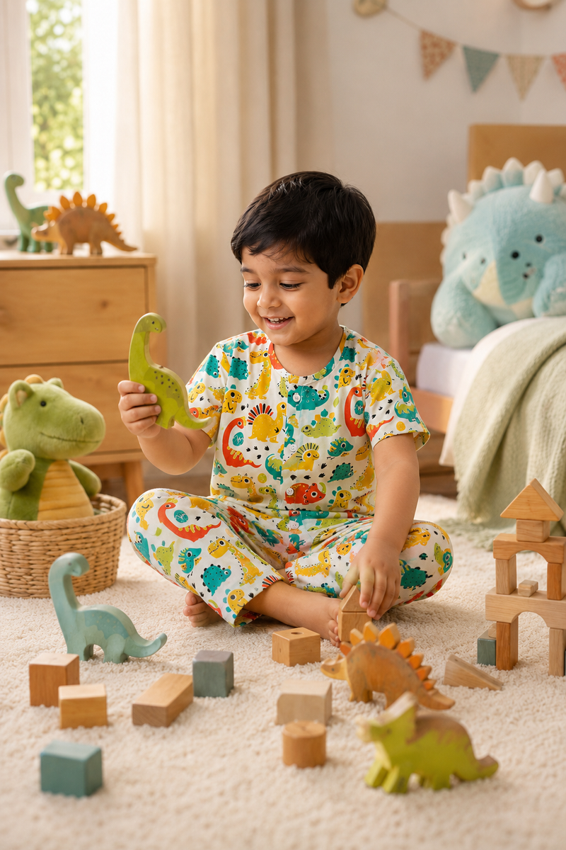 Cute Dinos - 100% Cotton Poplin | Unisex | Half Sleeve Cotton Sets for New Born to 6 Years