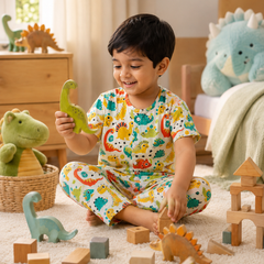 Cute Dinos - 100% Cotton Poplin | Unisex | Half Sleeve Cotton Sets for New Born to 6 Years