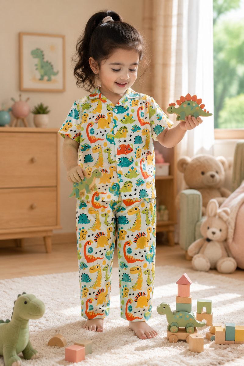 Cute Dinos - 100% Cotton Poplin | Unisex | Half Sleeve Cotton Sets for New Born to 6 Years