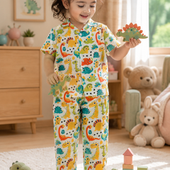 Cute Dinos - 100% Cotton Poplin | Unisex | Half Sleeve Cotton Sets for New Born to 6 Years