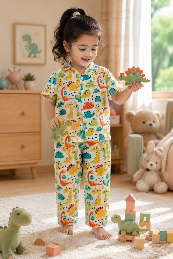 Cute Dinos - 100% Cotton Poplin | Unisex | Half Sleeve Cotton Sets for New Born to 6 Years