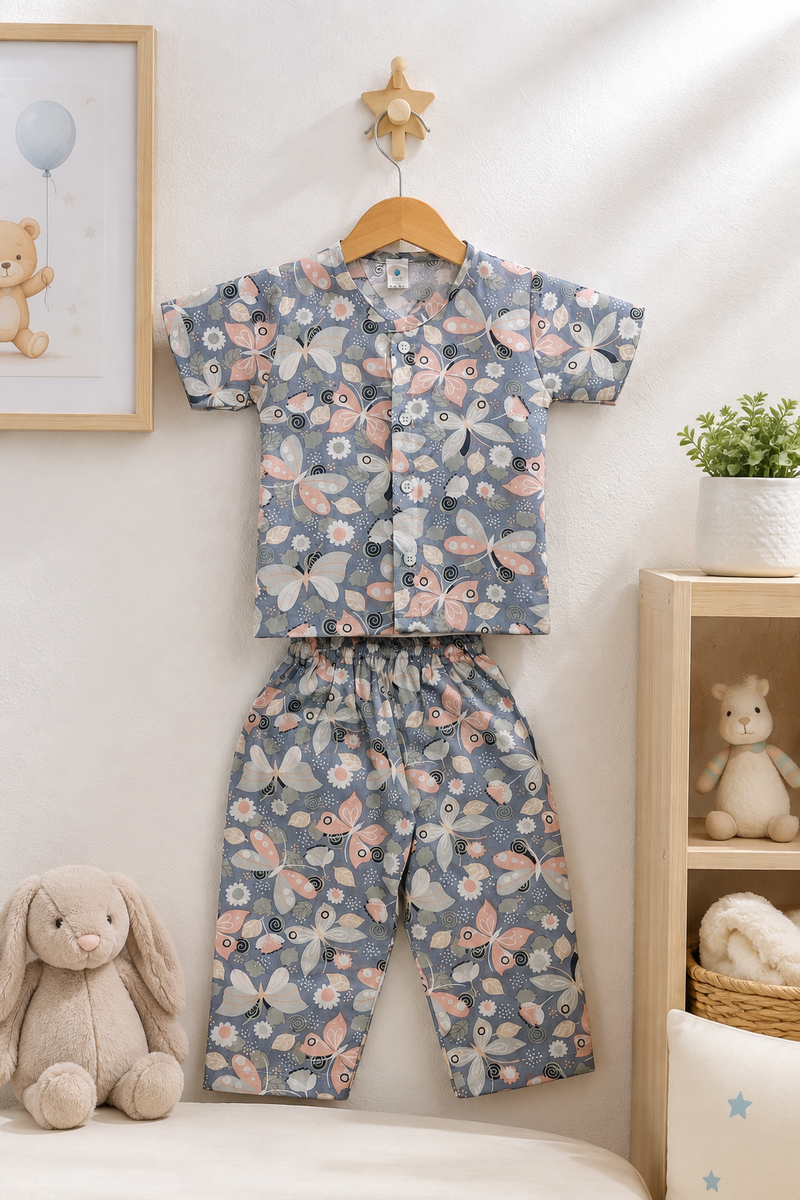 Grey Butterfly - 100% Cotton Poplin | Unisex | Half Sleeve Cotton Sets for New Born to 6 Years