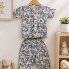 Grey Butterfly - 100% Cotton Poplin | Unisex | Half Sleeve Cotton Sets for New Born to 6 Years