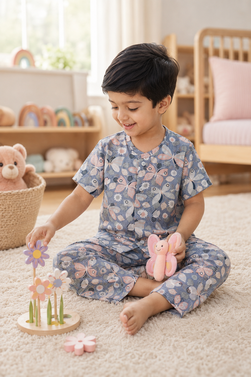 Grey Butterfly - 100% Cotton Poplin | Unisex | Half Sleeve Cotton Sets for New Born to 6 Years
